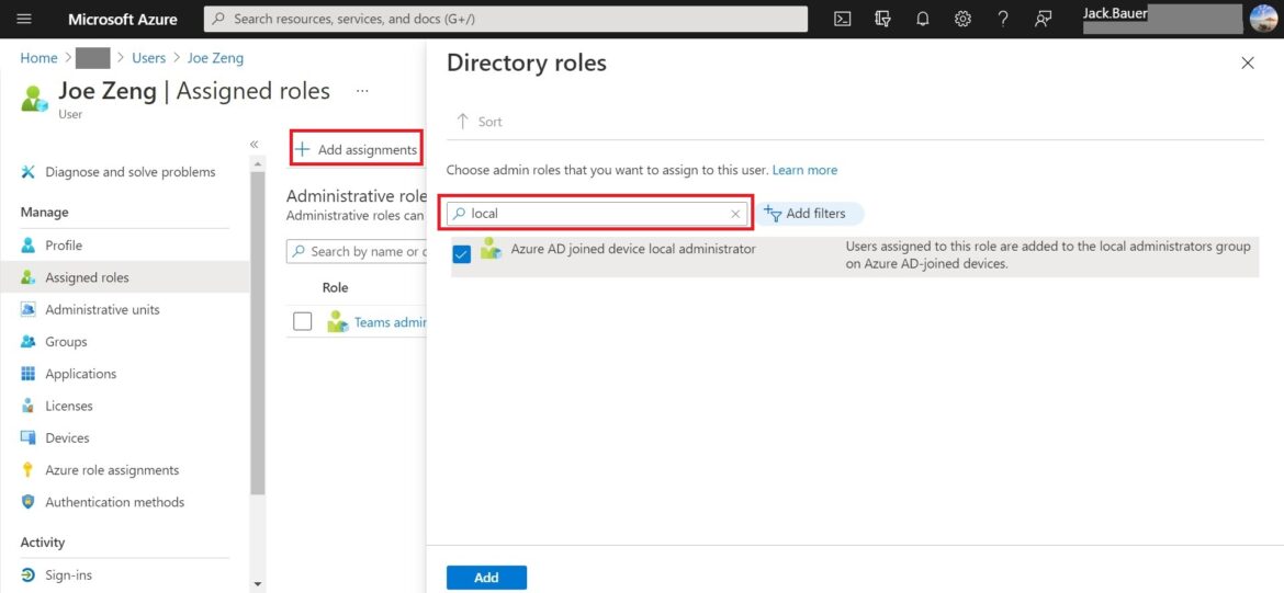How to grant an Azure AD user with local admin rights