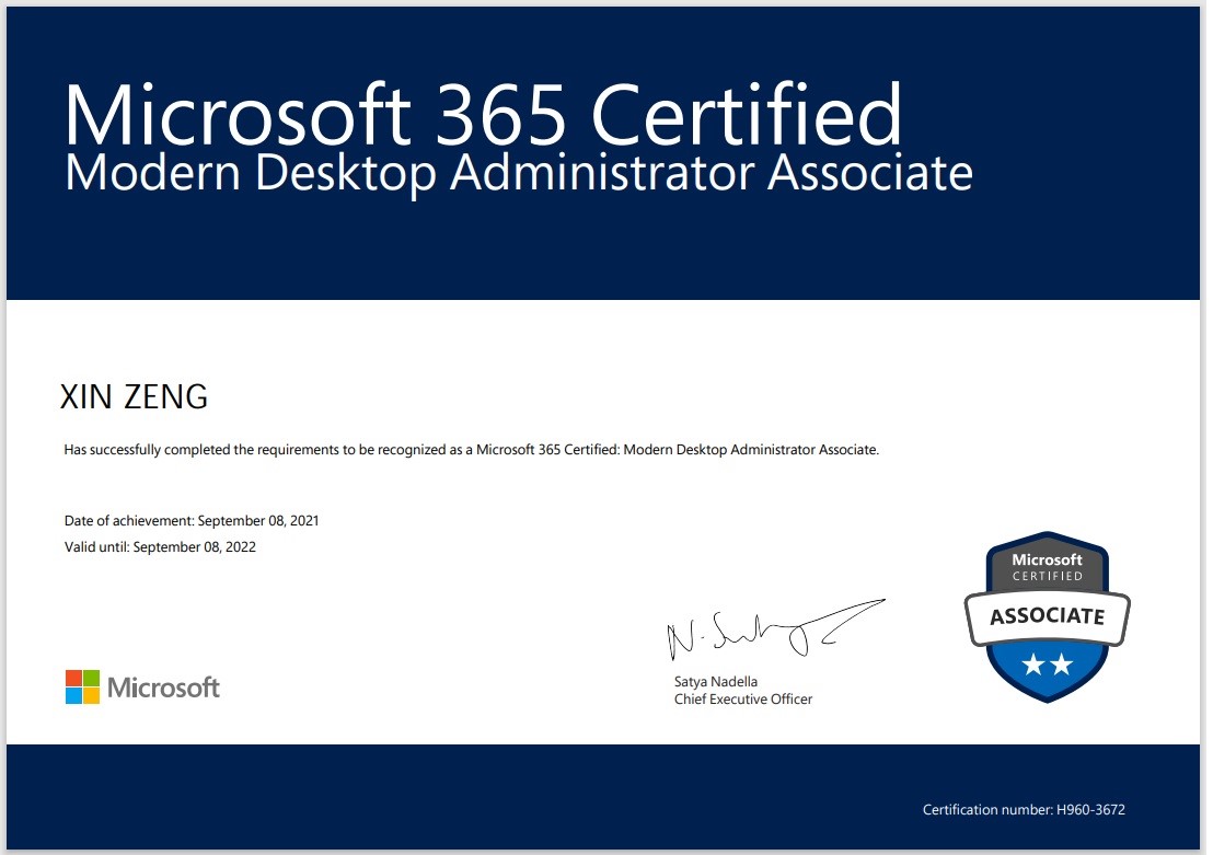 I’m a Microsoft 365 certified Modern Desktop Administrator Associate