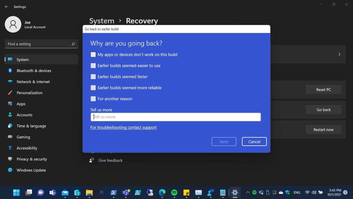How to extend the Go Back period after installed new Windows 11 Insider Preview Builds